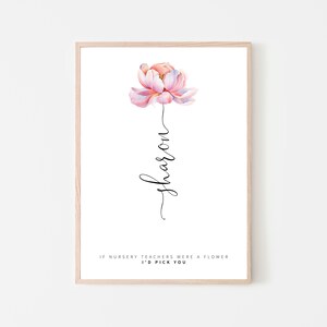 May include: A printable art print with a watercolor illustration of a pink flower and the text "Sharon" written vertically. The text below the flower reads "If nursery teachers were a flower I'd pick you."