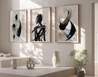 Abstract Wall Art Prints, Abstract Art, Set of 3 Wall Prints, Neutral Art, Abstract Prints, Black and Beige wall Prints, Black and Beige Art