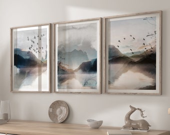 Blue Abstract Wall Art Prints in a Set of 3, Blue Landscape Wall Art Prints, Blue Wall Decor, Mountains Landscape Wall Art Prints
