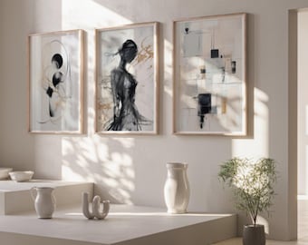 Abstract Wall Art Prints, Abstract Art, Set of 3 Wall Prints, Neutral Art, Abstract Prints, Black Beige Wall Art Prints, Minimalist Decor