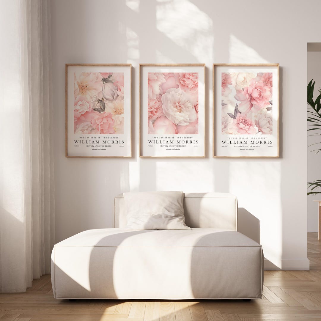 William Morris Pastel Pink Peony Wall Art Set of 3 – Vintage Botanical ...