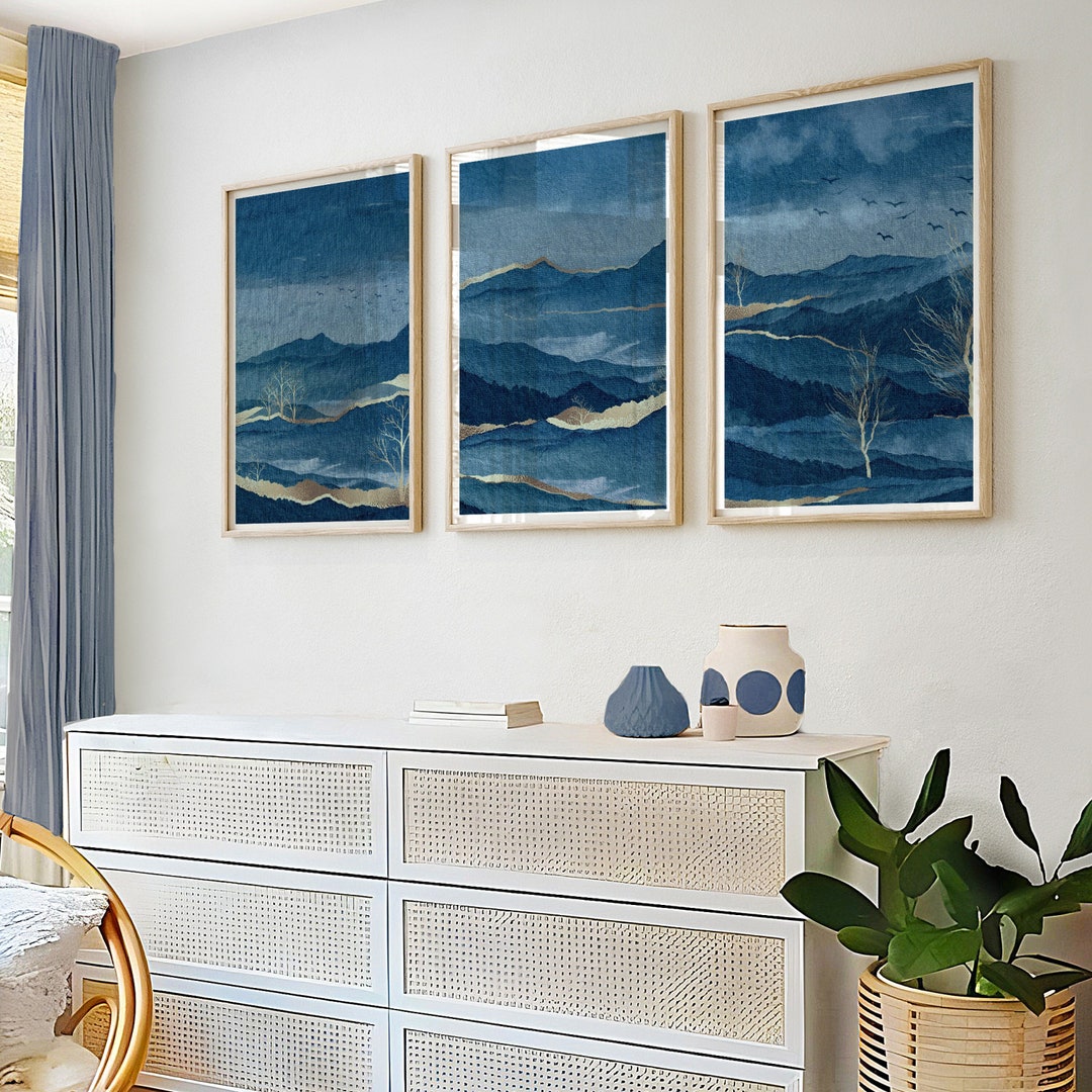 Navy and Gold Wall Art Prints in a Set of 3, Blue Abstract Wall Art
