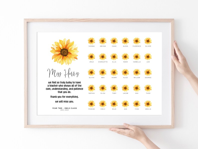 K&ouml;nnte beinhalten: Ein druckbares Klassenzimmer-Schild mit einem Sonnenblumen-Design und dem Text "Miss Harry" und "Wir f&uuml;hlen uns so richtig gl&uuml;cklich, eine Lehrerin zu haben, die all die F&uuml;rsorge, das Verst&auml;ndnis und die Geduld zeigt, die du hast. Danke f&uuml;r alles. Wir werden dich vermissen. Jahr Zwei - Eulenklasse 2021-2022". Das Schild enth&auml;lt auch ein Raster mit Sonnenblumen mit den Namen der Sch&uuml;ler der Klasse.