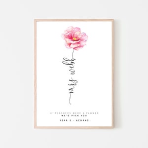May include: A printable art print with a pink watercolor flower and the text "If teachers were a flower we'd pick you. Year 5 - Acorns. Mrs. Webb."