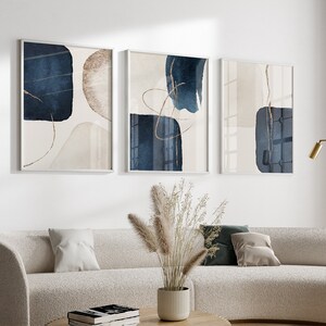 Modern Blue Abstract Wall Art Set of 3 – Navy, Gold Gallery Prints ...