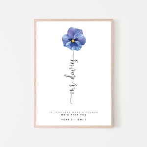 May include: A printable wall art design featuring a blue pansy flower with the text "If teachers were a flower we'd pick you" and "Year 3 - Owls".