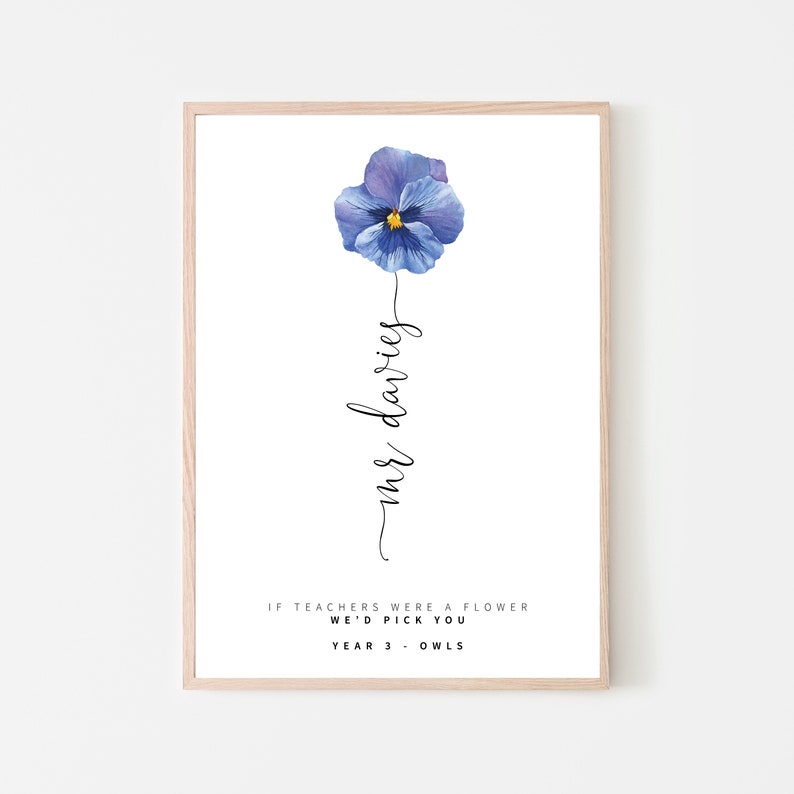 May include: A printable wall art design featuring a blue pansy flower with the text "If teachers were a flower we'd pick you" and "Year 3 - Owls".