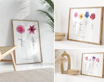 Könnte beinhalten: Drei gerahmte Drucke mit Aquarell-Blumenillustrationen und darunter geschriebenen Namen. Der Text lautet "Wenn Tanten Blumen wären, würden sie dich pflücken".