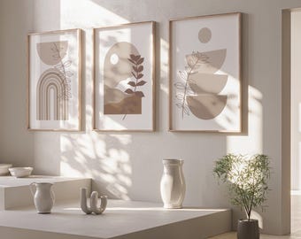 Beige Boho Abstract Wall Art Prints – Minimalist Scandinavian Decor, Modern Neutral Set of 3 for Living Room or Bedroom Prints