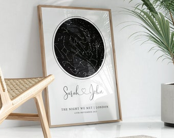 May include: A black and white star map print with the names "Sarah" and "John" and the text "The night we met | London 12th November 2023".