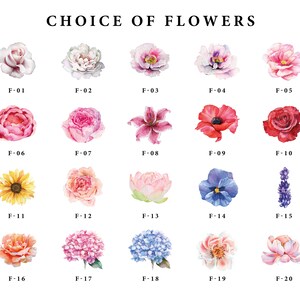 May include: A selection of 20 watercolor flower illustrations, each labeled with a letter and number. The flowers include roses, lilies, sunflowers, hydrangeas, and more.
