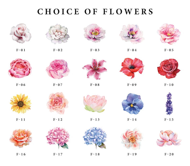 May include: A selection of 20 watercolor flower illustrations, each labeled with a letter and number. The flowers include roses, lilies, sunflowers, hydrangeas, and more.