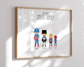 Personalised Family Superhero Print, Personalised Superheroes Print, Superhero Family Illustration, Custom Superhero Print, Superhero Family