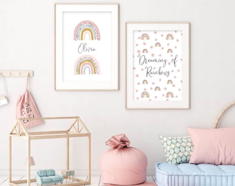 Personalized Rainbow Nursery Prints: Polka Dot Wall Art, Set of 2