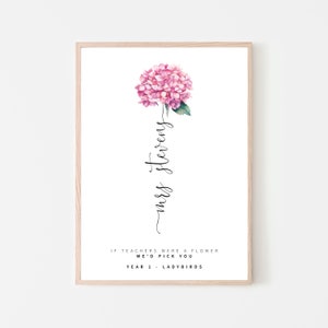May include: A printable art print with a watercolor illustration of a pink hydrangea flower. The text reads "If teachers were a flower we'd pick you. Year 1 - Ladybirds. Mrs. Stevens."