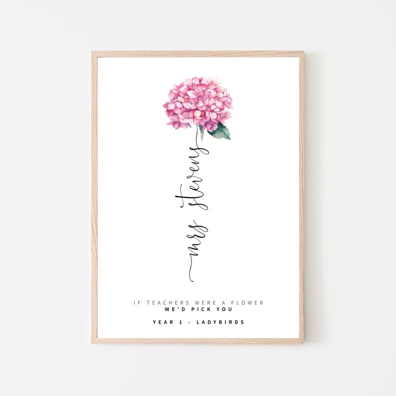 May include: A printable art print with a watercolor illustration of a pink hydrangea flower. The text reads "If teachers were a flower we'd pick you. Year 1 - Ladybirds. Mrs. Stevens."