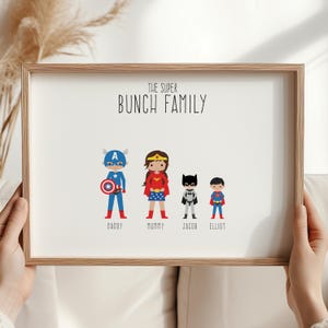 Personalised Family Superhero Print, Personalised Superheroes Print, Superhero Family Illustration, Custom Superhero Print, Superhero Family