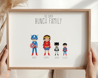 Personalised Family Superhero Print, Personalised Superheroes Print, Superhero Family Illustration, Custom Superhero Print, Superhero Family