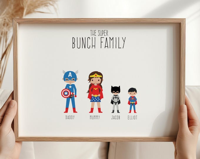 Personalised Family Superhero Print, Personalised Superheroes Print, Superhero Family Illustration, Custom Superhero Print, Superhero Family