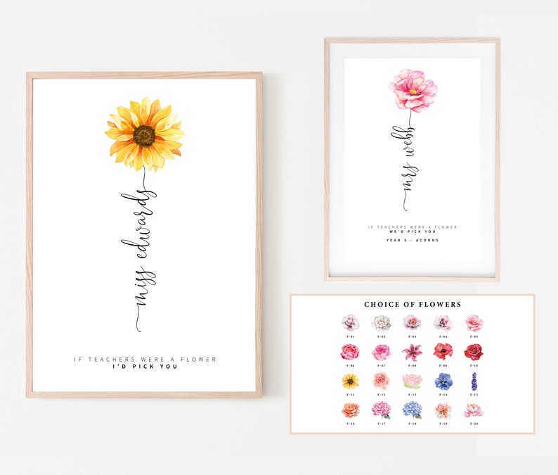 May include: A printable classroom decor set featuring a sunflower with the text "miss edwards" and the phrase "If teachers were a flower I'd pick you". The set also includes a pink flower with the text "mrs webb" and the phrase "If teachers were a flower I'd pick you" and a chart with a variety of flowers.
