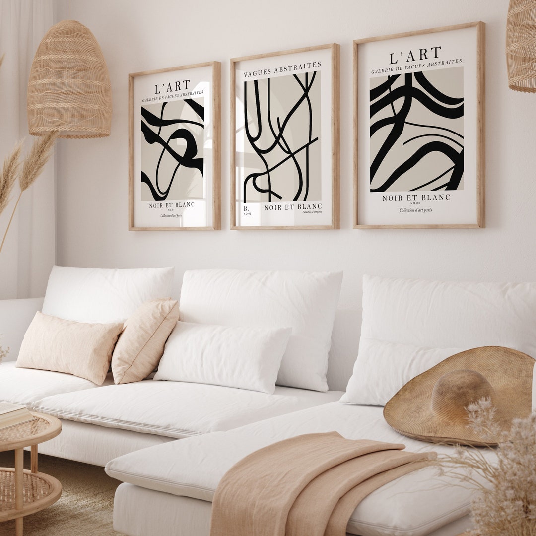 Black & Beige Wall Art Prints in Set of 3, Abstract Art, Neutral Wall ...