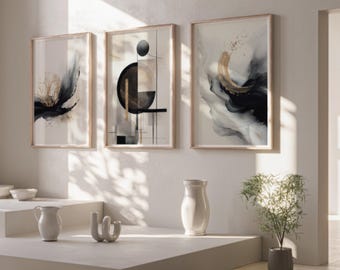 Abstract Wall Art Prints, Abstract Art, Set of 3 Wall Prints, Neutral Art, Minimalist Prints, Black Beige Gold Wall Prints, Modern Art Print