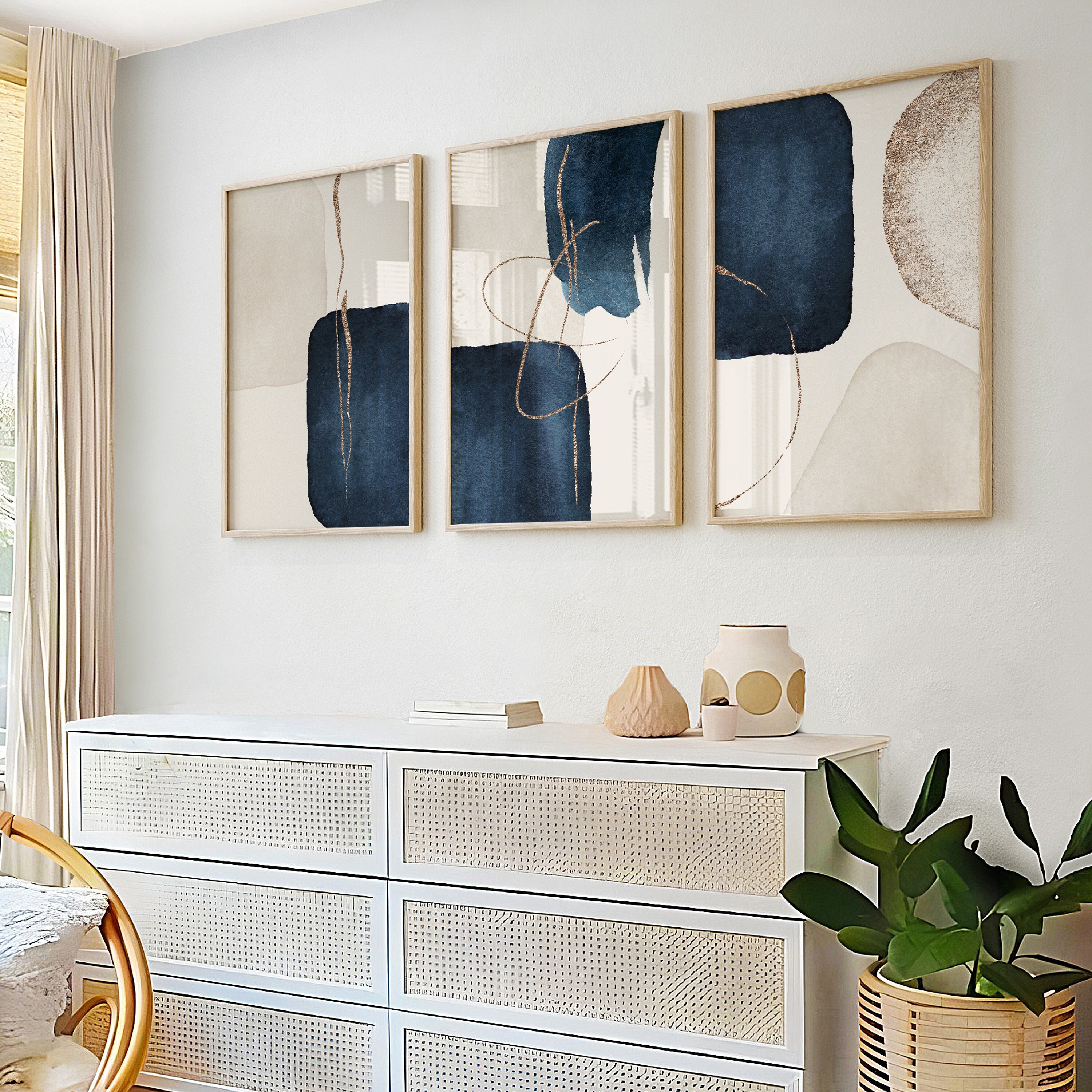 Modern Blue Abstract Wall Art Set of 3 – Navy, Gold Gallery Prints ...