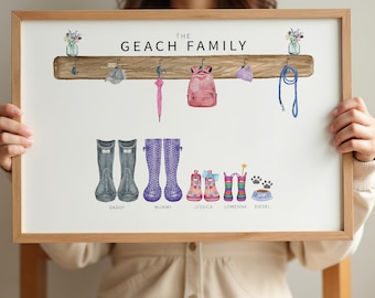 May include: A personalized family print with the text "The Geach Family" at the top. The print features a wooden shelf with hooks and various items hanging from them, including a hat, umbrella, backpack, and a leash. Below the shelf are illustrations of rain boots, with names labeled underneath: Daddy, Mummy, Jessica, Lowenna, and Diesel.