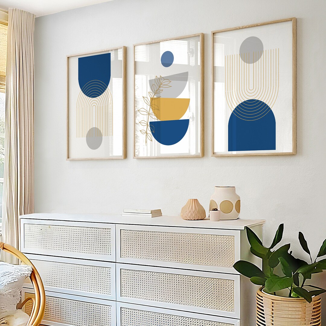 Yellow and Blue Wall Art Prints in a Set of 3, Boho Wall Art, Boho Wall