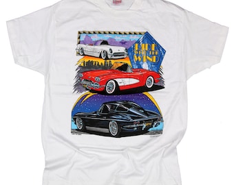 Chevrolet Corvette  Chevy vintage white t- shirt   Ride the Wind by Andy's tee frontprint made in the usa