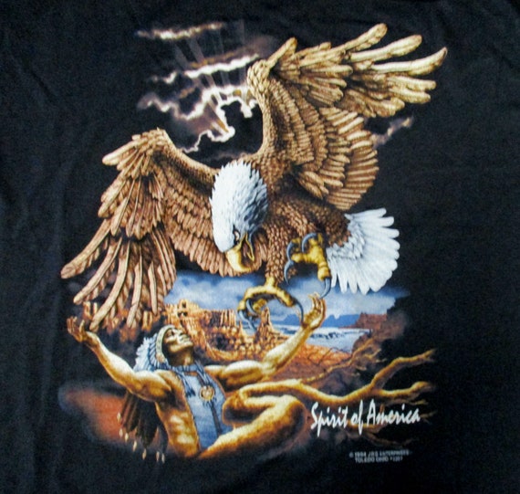 Vintage Spirit Of America Eagle And Indian Black Printed T Shirt 1994 By Jrs Toledo Ohio X Large Made In The Usa