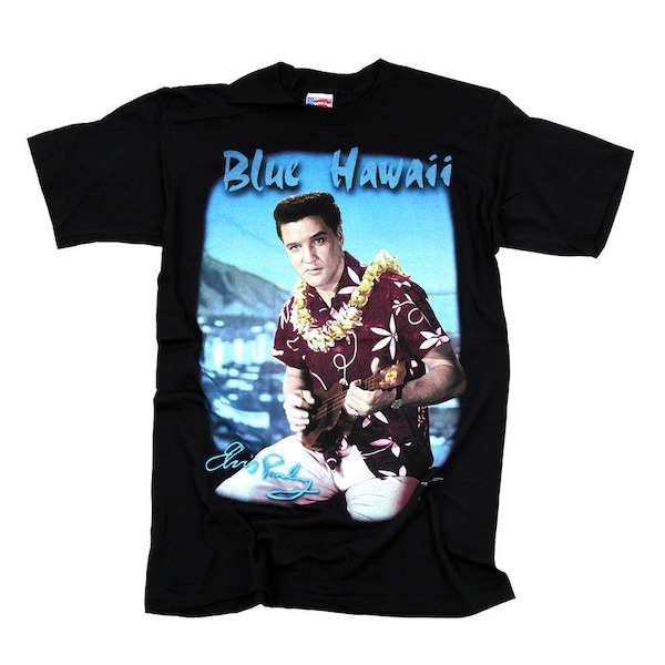 Vintage Elvis Presley with guitar printed  t-shirt blue Hawaii  100 % cotton new without tags  made in the USA size: large and x-large