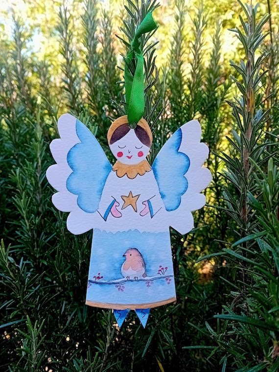 Hand-painted Keepsake Christmas Angel Card (Robin)