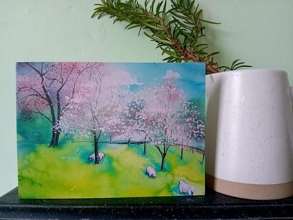 Top of the Combe, Sheep in Orchard Greetings Card