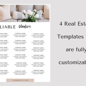May include: A white flyer with a beige and gray couch in the background. The flyer advertises 4 real estate templates that are fully customizable. The flyer includes the text "RELIABLE Vendors" and a list of company names and contact information.