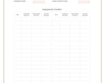 May include: A printable debt repayment tracker with a floral design. The tracker includes sections for due date, starting balance, interest rate, minimum payment amount, goal payment amount, and goal payoff date. There are also sections for tracking repayment progress with columns for date, starting balance, repayment amount, and ending balance.