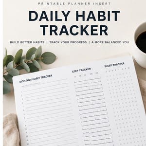 Printbare gewoonte-tracker, maandelijks dankbaarheidsdagboek (pdf), A5 Filofax-inzetstuk, slaap- en stappenteller, wellnessplanner (downloadbaar)