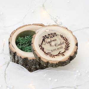 Wooden ring box with laser engraving of your names and wedding date, 100 designs to choose from, custom engraving of your logo or design.