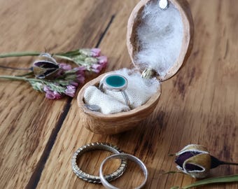 Handcrafted Walnut Shell Ring Box: Rustic Nature-Inspired Jewelry Keepsake