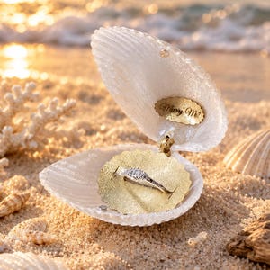 May include: A white seashell ring box with a gold-colored interior lining. The top shell features an oval gold plaque with the engraved text "Marry Me?" and the bottom shell holds a silver-toned ring with a central stone setting.