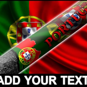 Peut inclure: Un drapeau portugais rouge, vert et or avec le mot "PORTUGAL" écrit en diagonale sur le drapeau.