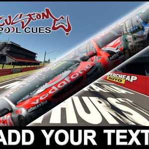 May include: A red, white, and blue pool cue with the text "Custom Pool Cues Australia" and the image of a red kangaroo. The cue is displayed against a blurred background of a race track with cars.