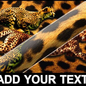 May include: A digital illustration of three cheetahs running on a cheetah print background. The cheetahs are brown and black with spots. The background is a brown and black cheetah print. The text "ADD YOUR TEXT" is at the bottom of the image.