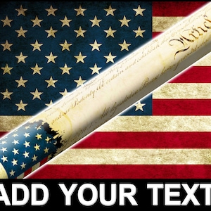 May include: A vintage-style American flag with a rolled-up document that reads "We the People" diagonally across the flag.