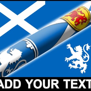May include: A blue and white Scottish flag with a white lion on a blue background and a red lion on a yellow background. The text "ADD YOUR TEXT" is at the bottom of the image.