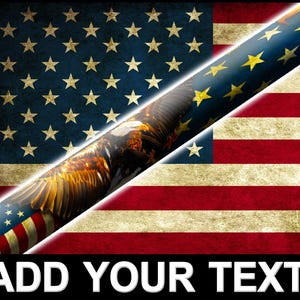 May include: A pool cue with a distressed American flag design featuring a bald eagle with outstretched wings. The cue is wrapped in a blue and white design with gold stars. The text "ADD YOUR TEXT" is at the bottom of the image.