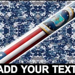 May include: A digital camouflage pattern in shades of blue and gray with a red, white, and blue American flag and the text "DEPT. OF THE AIR FORCE" in a circle.