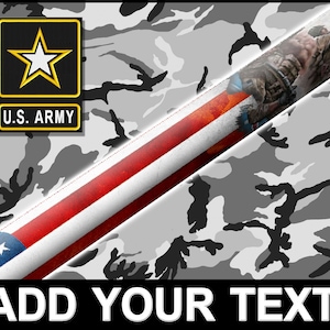 May include: A white and gray camouflage pattern with a diagonal red, white, and blue stripe. The U.S. Army logo is in the top left corner. The text "ADD YOUR TEXT" is at the bottom of the image.