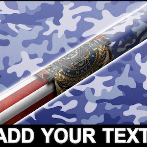 May include: A blue and white camouflage pattern with a red, white, and blue American flag and a gold Navy seal emblem.