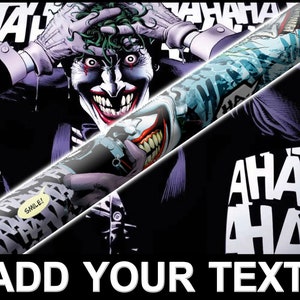 May include: A black and white graphic of the Joker from Batman comics. The Joker is laughing with his mouth open and his eyes wide. The background is black with the word "HA" repeated multiple times. The text "ADD YOUR TEXT" is at the bottom of the image.